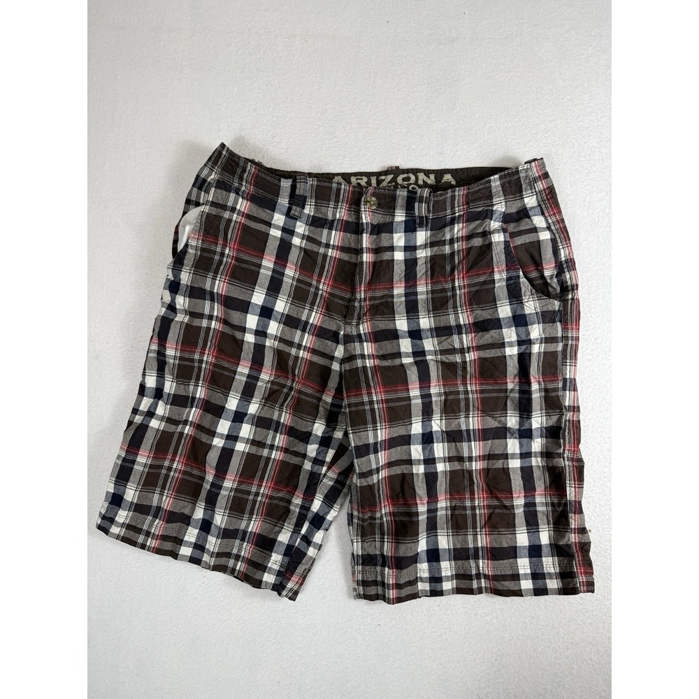 Arizona Jean Co Mens Plaid Shorts Size 40 Brown Red White Flat Front Casual